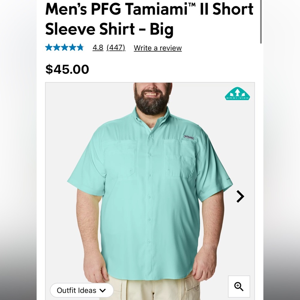 Men’s PFG Tamiami II Short Sleeve Shirt Seafoam Green Button Up Size 3X 3xl